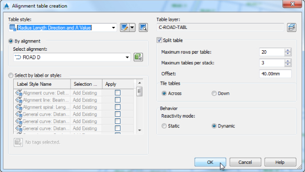 Screenshot of Alignment Table Creation dialog with Radius Length Direction and its value highlighted in the Table Style section.