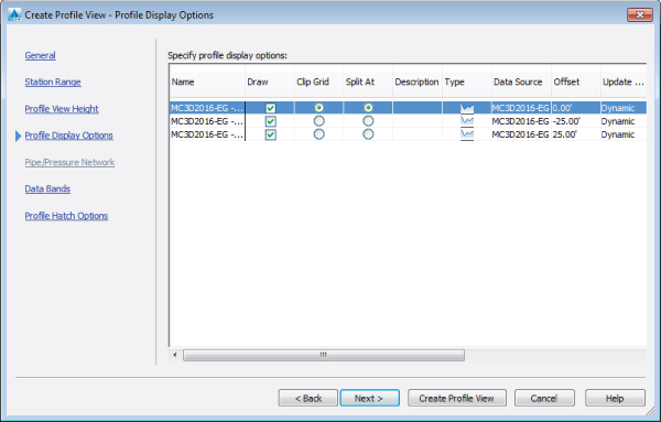 Screenshot of Profile Display Options page of the Create Profile View dialog presenting a table listing the settings, description, type, data source, and offset value of display options.