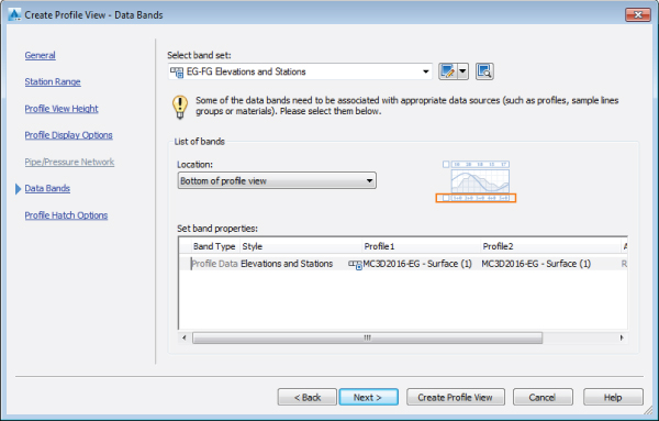 Screenshot of Data Bands page of the Create Profile View dialog presenting drop-down menus for band set and location of band list and a table listing band properties.