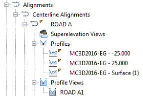 Screenshot of a file tree presenting files and expanded folders under Alignments node. Under Centerline Alignments node is the ROAD A folder displaying its Profiles and Profile Views folders.