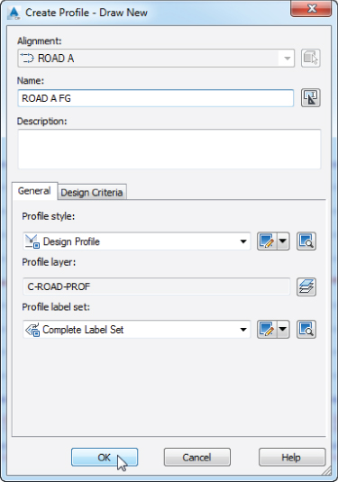 Dialog box of Create Profile - Draw New featuring the selected alignment, profile name, description, and General and Design Criteria tabs. Under the General tab are drop-down menus for profile style and label set.