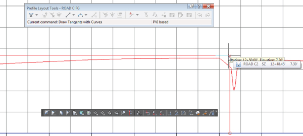 Screenshot of a magnified profile grid area presenting vertical and horizontal lines with a tooltip indicating the station value of the cursor, the Profile Layout Tools dialog, and Transparent command toolbar.