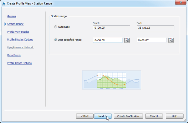 Screenshot of the Station Range page of the Create Profile View dialog presenting selected User-specified range radio button with start and end values 0+00.00' and 8+00.00', respectively.