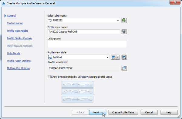 Screenshot of General page of the Create Multiple Profile Views dialog presenting drop-down menus for alignment, profile view name, description, profile view style, and profile view layer and a preview pane.