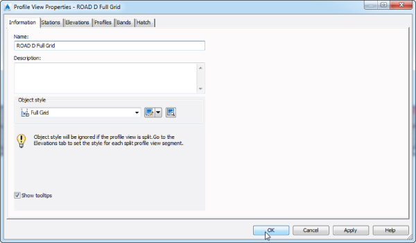 Screenshot of Profile View Properties dialog presenting the Information page with fields for profile name, description, and object style. Other tabs are Stations, Elevations, Profiles, Bands, and Hatch.