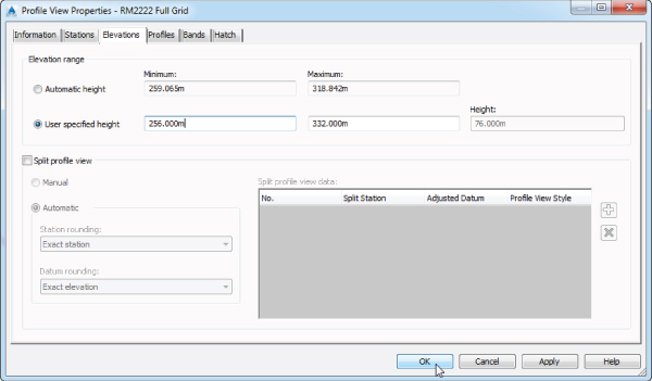 Screenshot of Elevations page of the Profile View Properties dialog presenting user-specified height with minimum and maximum values of 256m and 332m, respectively.