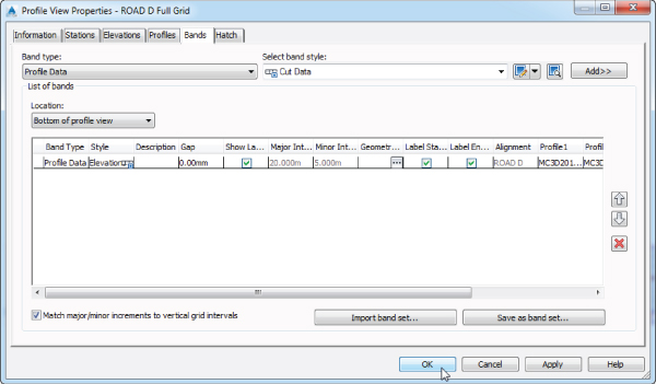 Screenshot of Bands page of the Profile View Properties dialog presenting selected band type, band style, band location, and a table listing the profiles of bands.