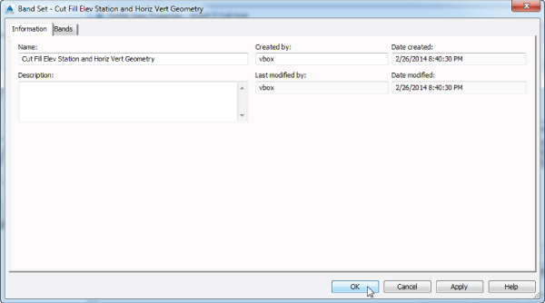 Screenshot of Band Set dialog box displaying the Information tab with Cut Fill Elev Station and Horiz Vert Geometry in the Name field with the mouse arrow pointing the OK button at the bottom.