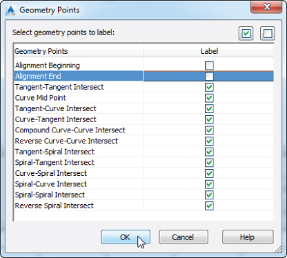 Screenshot of Geometry Points dialog box listing geometry points to label. Alignment Beginning and Alignment End rows are unchecked while the remaining geometry points are checked.