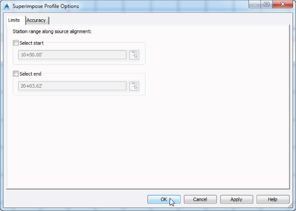Screenshot of Superimpose Profile Options dialog box with two tabs: Limits and Accuracy. Limits tab is open displaying the start and select stations. The mouse arrow points the OK button at the bottom.