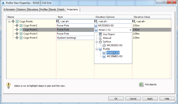 Screenshot of the Profile View Properties dialog box presenting 4 Cogo Points. Cogo Point 2 row is highlighted with a drop-down list under Elevation Options displaying a highlighted ROAD C FG under Profile.