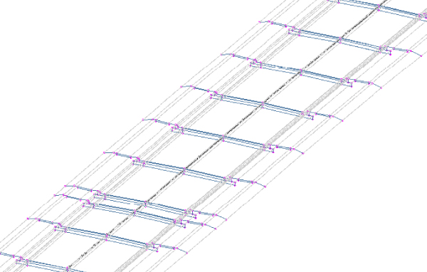 A 3D view of a diagram depicting a corridor with a grid-like design using different sets of parallel and perpendicular lines.