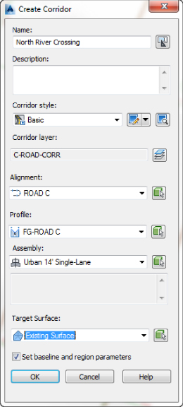 Create Corridor dialog box displaying name, North River Crossing; alignment, ROAD C; profile, FG-ROAD C; assembly, Urban 14' Single-Lane; target surface, Existing Surface; and a checked box at the bottom.