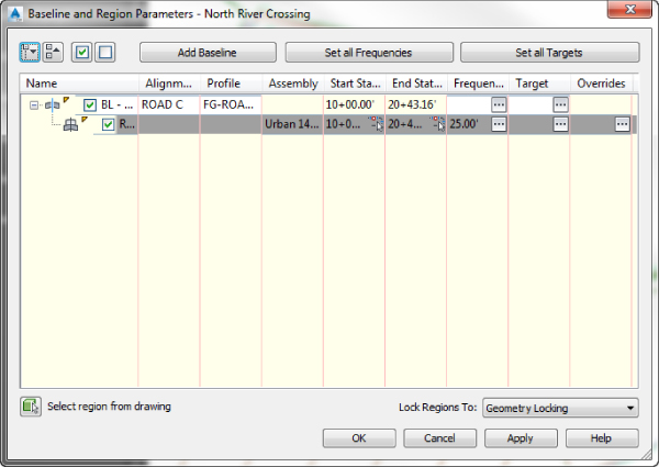 Baseline and Region Parameters dialog box containing the parameters set from Create Corridor dialog with buttons for Add Baseline, Set all Frequencies, and Set all Targets, including an option Lock Regions To.