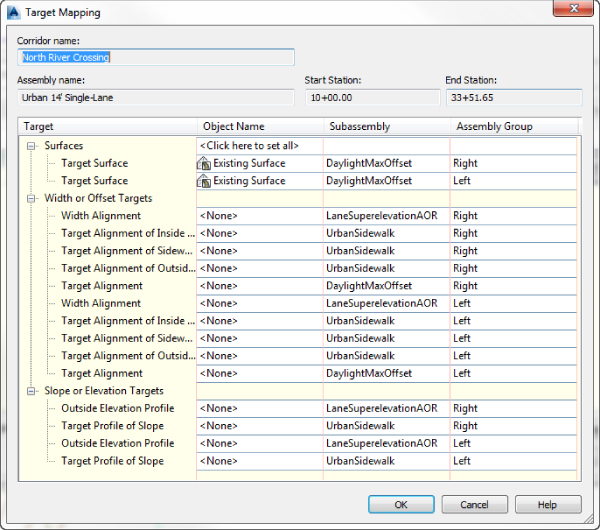 Target Mapping dialog box presenting Corridor name, Assembly name, Start and End stations, and columns for Target, Object Name, Subassembly, and Assembly Group.