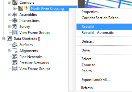 Cropped image of a right-click menu of North River Crossing corridor displaying the highlighted Rebuild command.