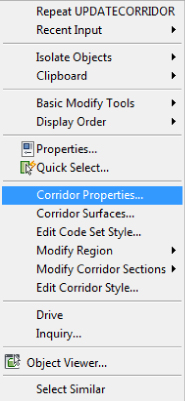 Screenshot of corridor's right-click menu presenting the highlighted Corridor Properties option.