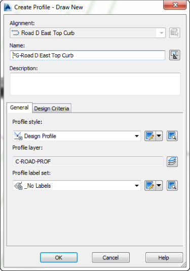 Screenshot of Create Create Profile – Draw New dialog box presenting Profile Style set to Design Profile and Profile Label Set set to _No Labels.