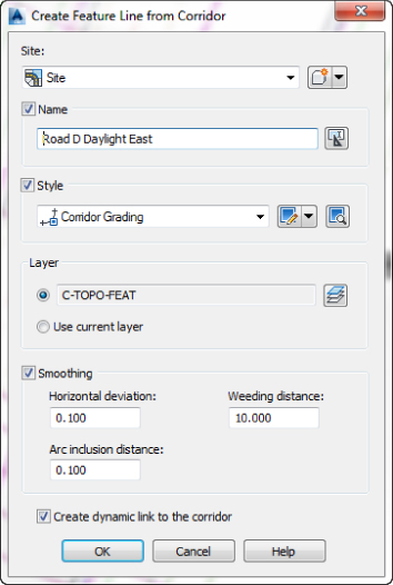 Screenshot of Create Feature Line from Corridor dialog box presenting the selected Name, Style, Smoothing, and Create dynamic link to the corridor checkboxes. The feature line is named Road D Daylight East.