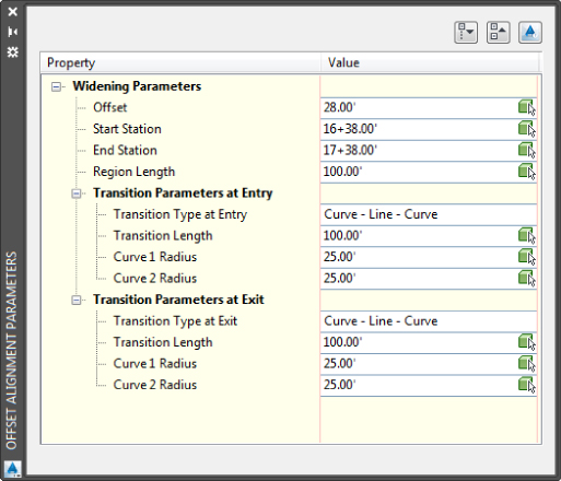 Screenshot of Offset Alignment Parameter palette presenting two editable Widening Parameters: Transition Parameters at Entry and Transition Parameters at Exit.