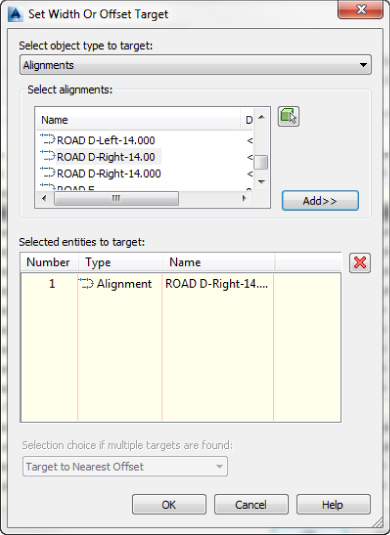 Screenshot of Set Width Or Offset Target dialog box presenting options of object type to target, available alignments to select from, and table of selected entities to target.