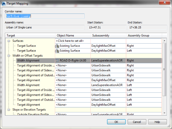 Screenshot of Target Mapping dialog box for the settings of North River Crossing corridor. Width Alignment row is highlighted.