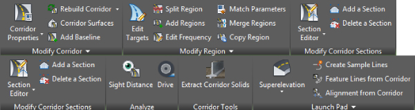 Cropped image of panels in Corridor tab: Modify Corridor, Modify Region, Modify Corridor Sections, Analyze, Corridor Tools, and Launch Pad.