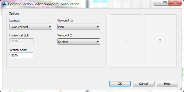 Screenshot of Corridor Section Editor: Viewport Configuration dialog box featuring options for Layout, Horizontal Split, Vertical Split, Viewpoint 1, and Viewpoint 2.