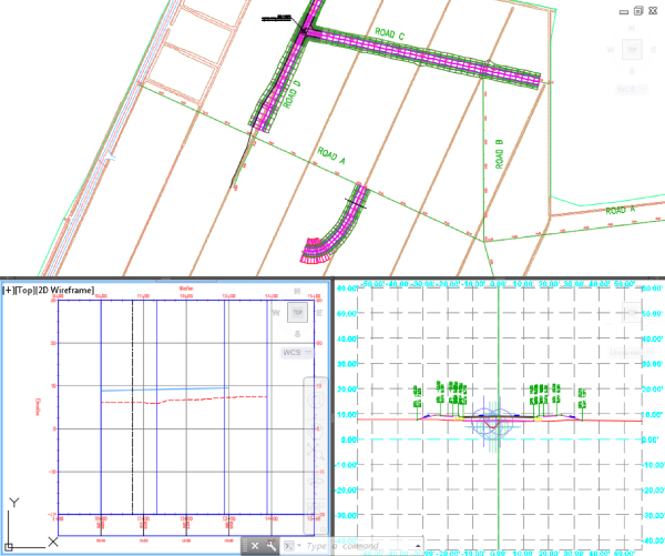 Screenshot of 3 separate diagrams depicting Viewport configuration set to Three: Above presenting an incomplete corridor (top), a 2D wireframe (lower left) and a grid displaying the road (lower right).