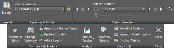 Screenshot of Corridor Section Editor tab with seven panels: General, Baselines & Offsets, Station Selection, Corridor Edit Tools, Analyze, View Tools, and Close.