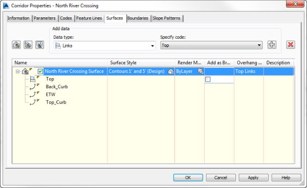 Screenshot of Corridor Properties dialog box displaying the Surfaces tab with options for choosing a data type and code and a table presenting the highlighted North River Crossing Surface row.