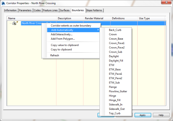 Screenshot of Corridor Properties dialog box presenting Boundaries tab with a right-click menu of North River Crossing. Add Automatically is highlighted in the menu.