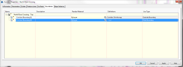 Screenshot of Corridor Properties dialog box presenting Boundaries tab with the highlighted Corridor Boundary(2) row; the setting of Use Type is changed to Hide Boundary.