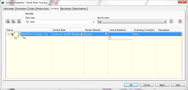 Screenshot of Corridor Properties dialog box presenting Surfaces tab with the highlighted North River Crossing – Top row as well as the word Top below it.