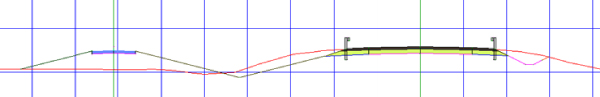 Similar to figure 10.49, except the offset assembly ties back to the main assembly, and the completed assembly is now layered with the grid of the corridor section editor.