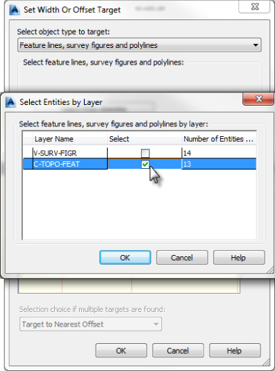 Set Width or Offset Target dialog box with selected Select by Layer under Select feature lines, survey figures and polylines. C-TCPO-FEAT is highlighted with the cursor pointing the checkbox.