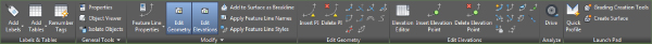 Snippet image of Feature Line contextual tab with Edit Geometry and Edit Elevations highlighted on the Modify panel.