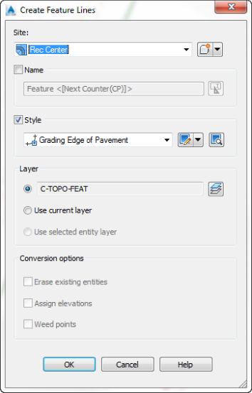 Screenshot of Create Feature Lines dialog with Site set to Rec Center, Style to Grading Edge of Pavement, and Layer to C-TOPO-FEAT.