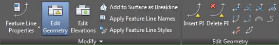 Snippet image of Modify and Edit Geometry panels of the Feature Line contextual tab. Edit Geometry button is highlighted under the Modify panel.