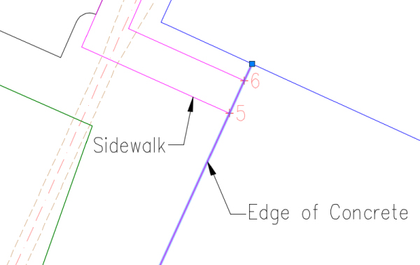 Illustration of zoomed in feature lines labeled sidewalk and edge of concrete on the southwest part of the illustration.