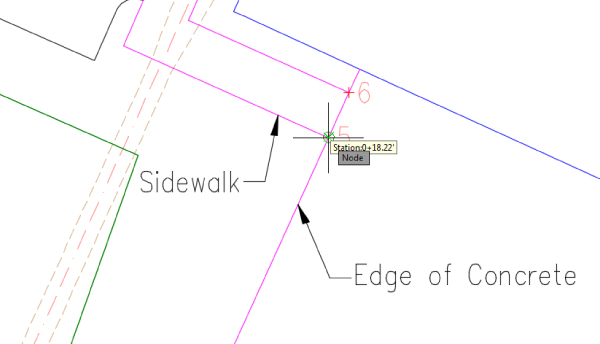 Illustration of zoomed in feature lines labeled sidewalk and edge of concrete on the southwest part of the illustration. A node object snap is on the point of perpendicularity 5.