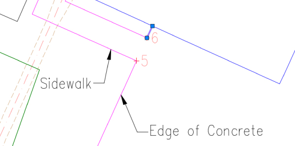 Illustration of zoomed in feature lines labeled sidewalk and edge of concrete. Points 5 and 6 are no longer connected. Point 6 makes a closed line segment with the line parallel to it.