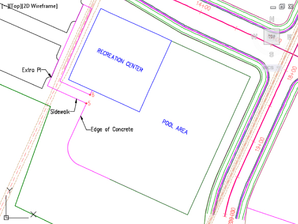 Plan view of a wireframe diagram of roads, a pool area, and a recreation center. It features completed geometry adjustments.