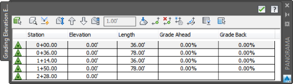 Screenshot of Grading elevation editor panel in Panorama. It displays columns for station, elevation, length, grade ahead, and grade back.