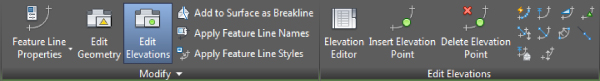 Snippet image of the Feature Line contextual tab. It displays the icon for Edit Elevations in the modify section.