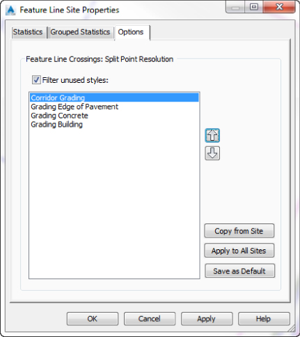 Screenshot of Options tab of Feature Line Site Properties dialog with a check mark in Filter Unused Styles box and Corridor Grading option highlighted.