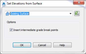 Screenshot of Set Elevations from Surface dialog with Existing Surface option on the drop-down field and a check mark on the Insert Intermediate Grade Break Points box.