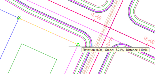 Wireframe diagram of a curb displaying the northeast corner of an edge of concrete. A cursor is over the corner and details appear in a box about the elevation.