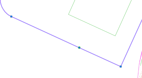 Wireframe diagram displaying lines representing a circular elevation point. 3 Specific points along the line are marked by 2 boxes and a circle.