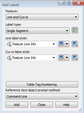 Screenshot of Add Labels dialog. Feature is set to Line and Curve, Label Type to Single Segment, Line Label Style and Curve Label Style to Feature Line Info.